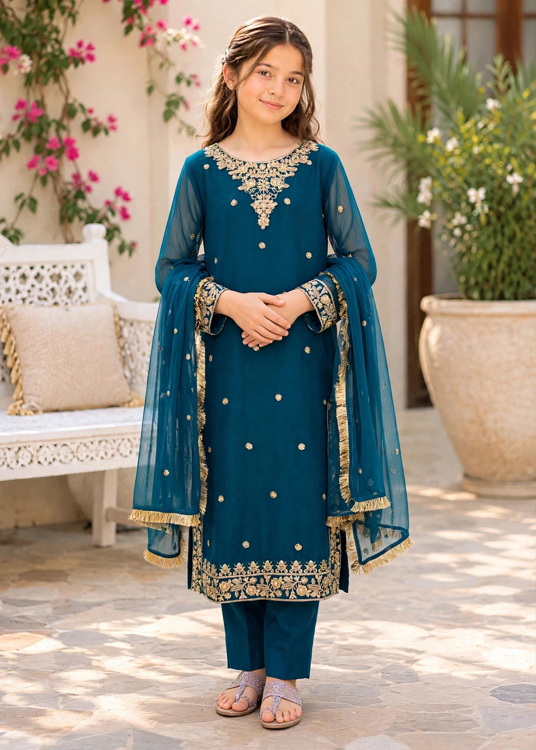 Modest - Crinkle Embroidered Suit For Girl - Blue - 3 Piece