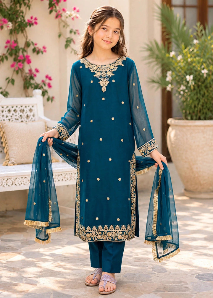 Modest - Crinkle Embroidered Suit For Girl - Blue - 3 Piece