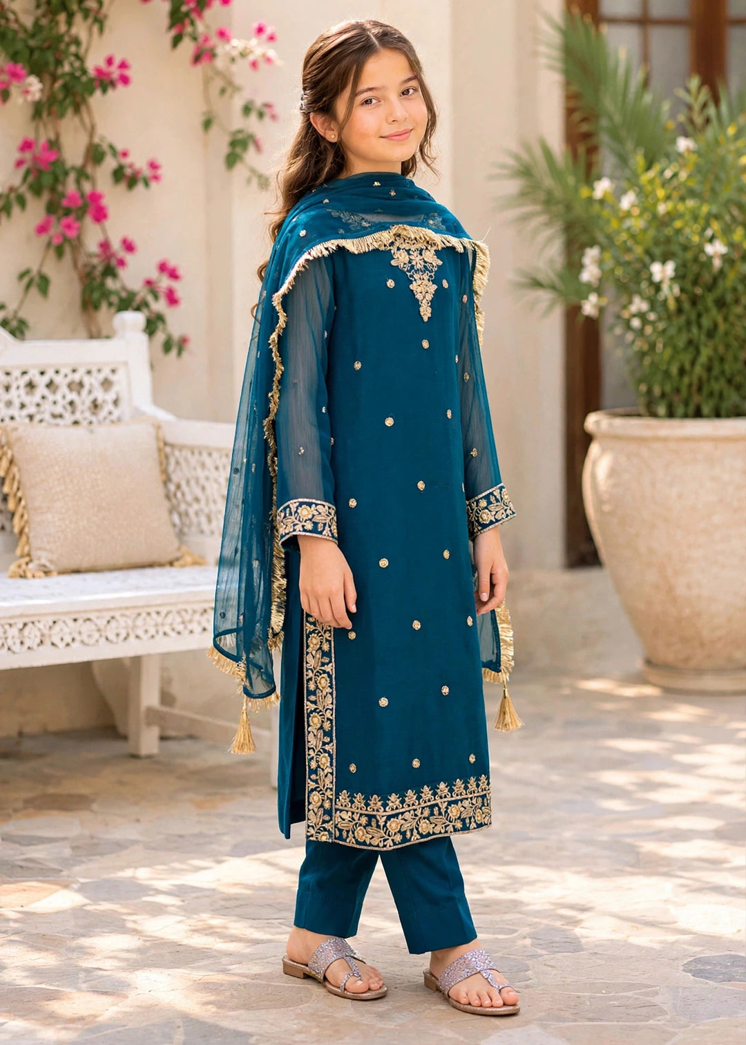 Modest - Crinkle Embroidered Suit For Girl - Blue - 3 Piece