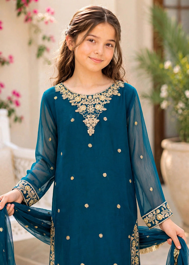 Modest - Crinkle Embroidered Suit For Girl - Blue - 3 Piece