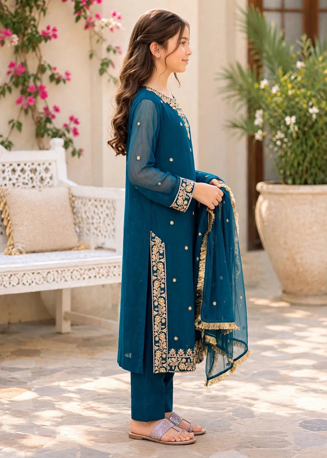Modest - Crinkle Embroidered Suit For Girl - Blue - 3 Piece