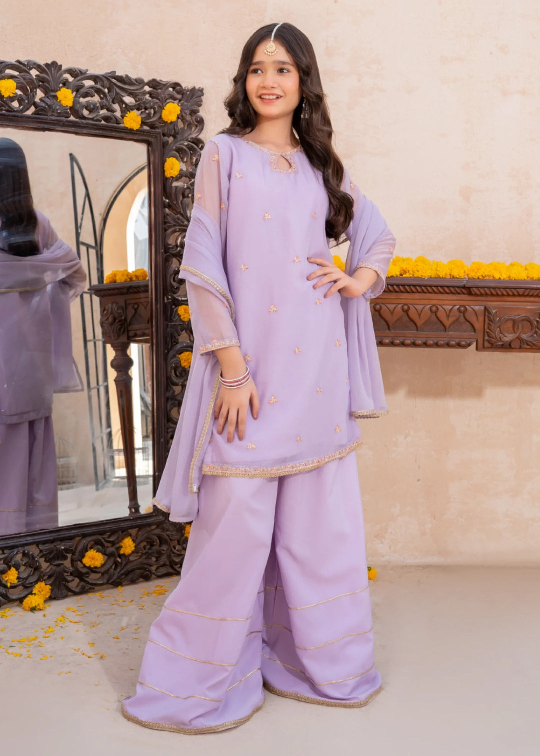 Modest - Crinkle Embroidered Suit For Girl - Lavender - 3 Piece
