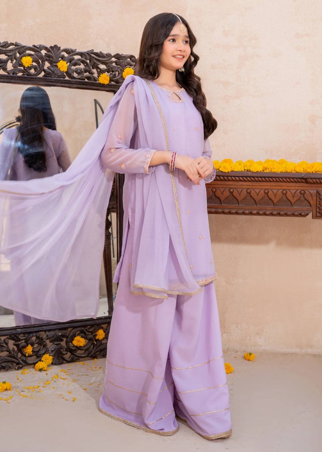 Modest - Crinkle Embroidered Suit For Girl - Lavender - 3 Piece