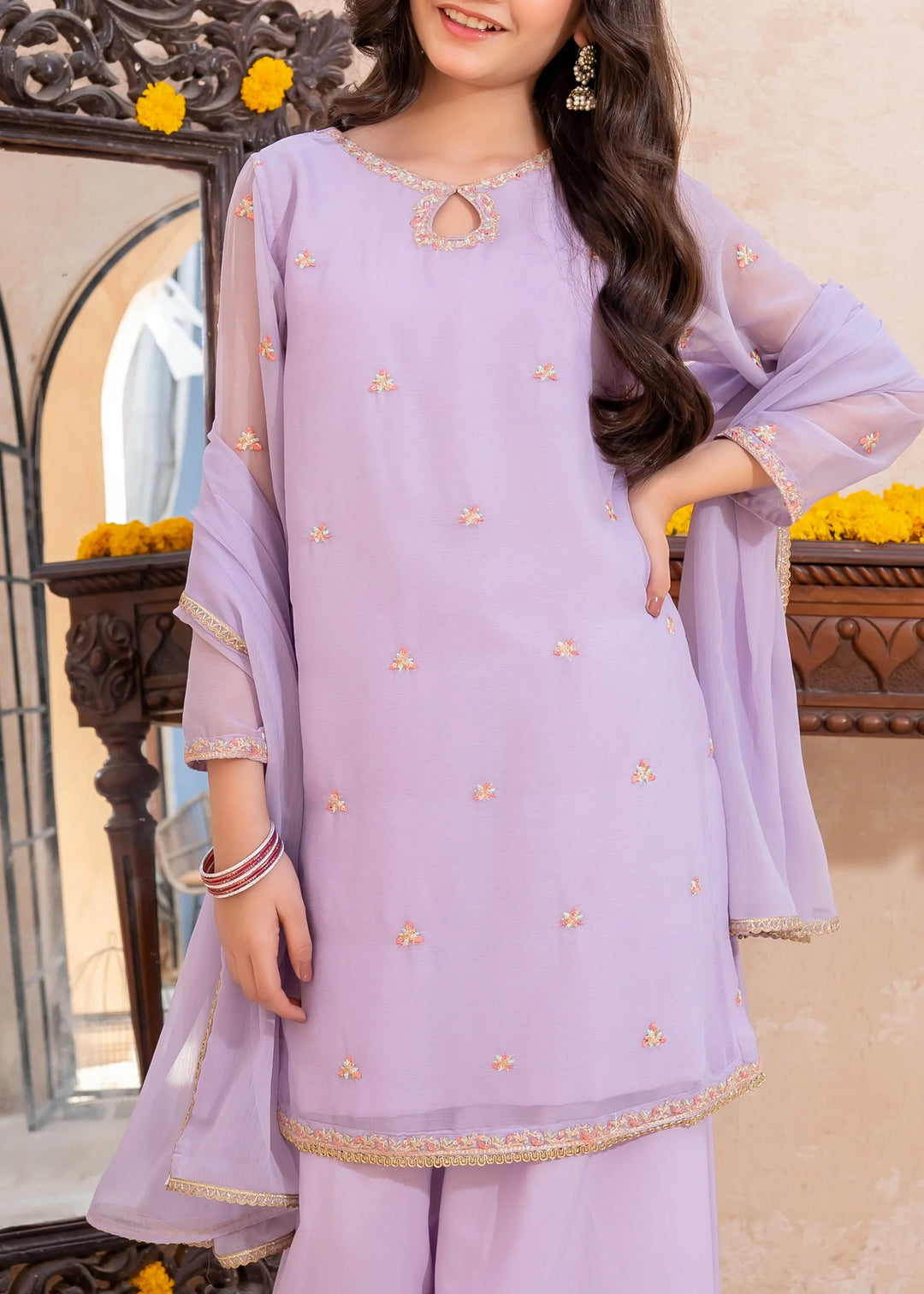 Modest - Crinkle Embroidered Suit For Girl - Lavender - 3 Piece