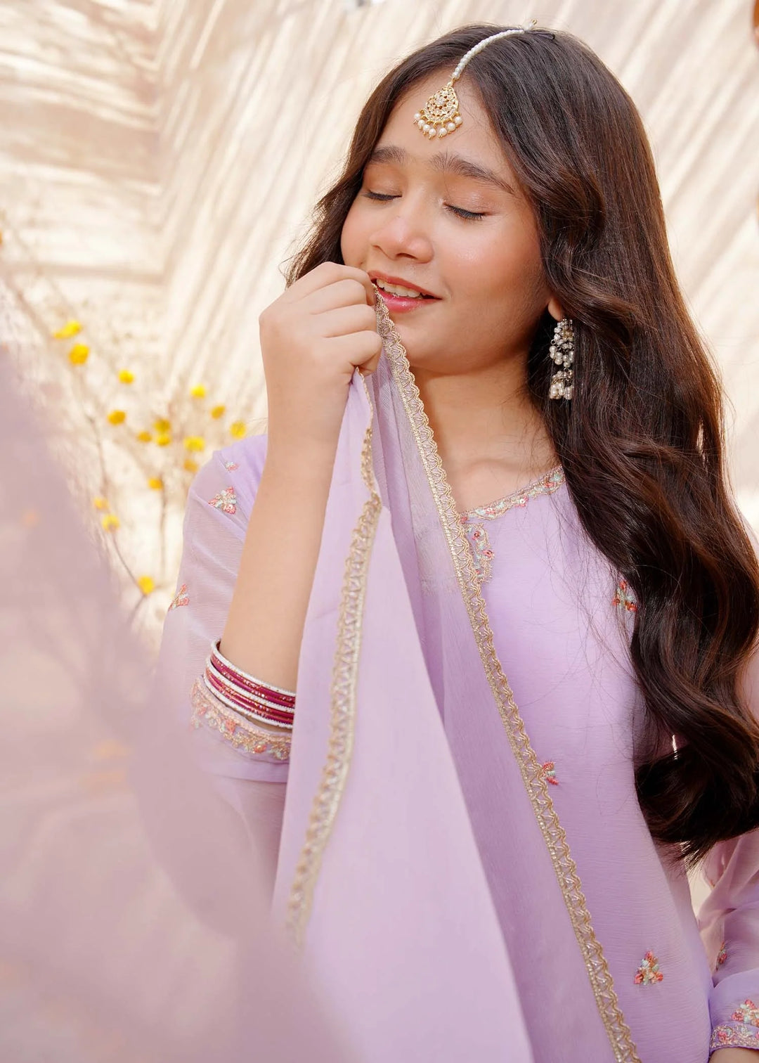 Modest - Crinkle Embroidered Suit For Girl - Lavender - 3 Piece