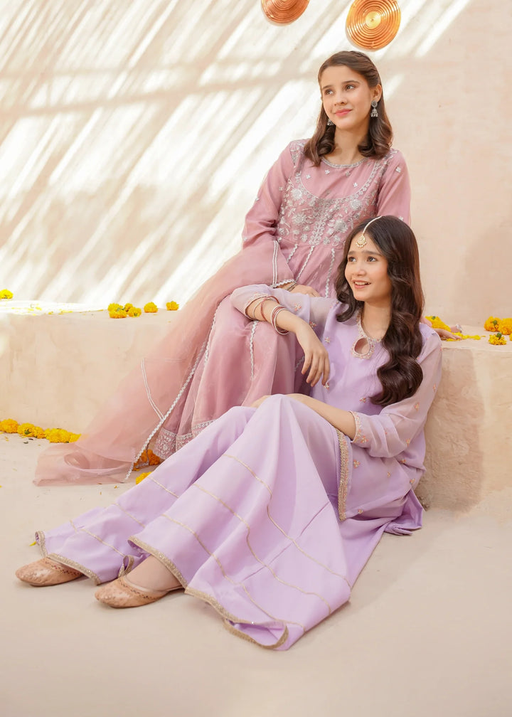 Modest - Crinkle Embroidered Suit For Girl - Lavender - 3 Piece
