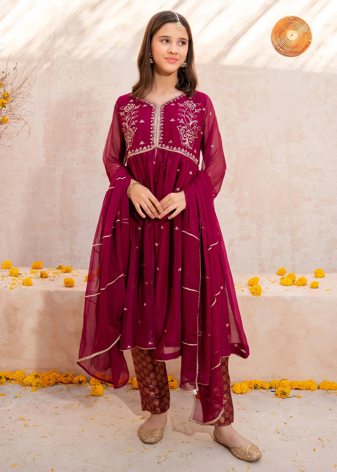 Modest - Crinkle Embroidered Suit For Girl - Maroon - 3 Piece