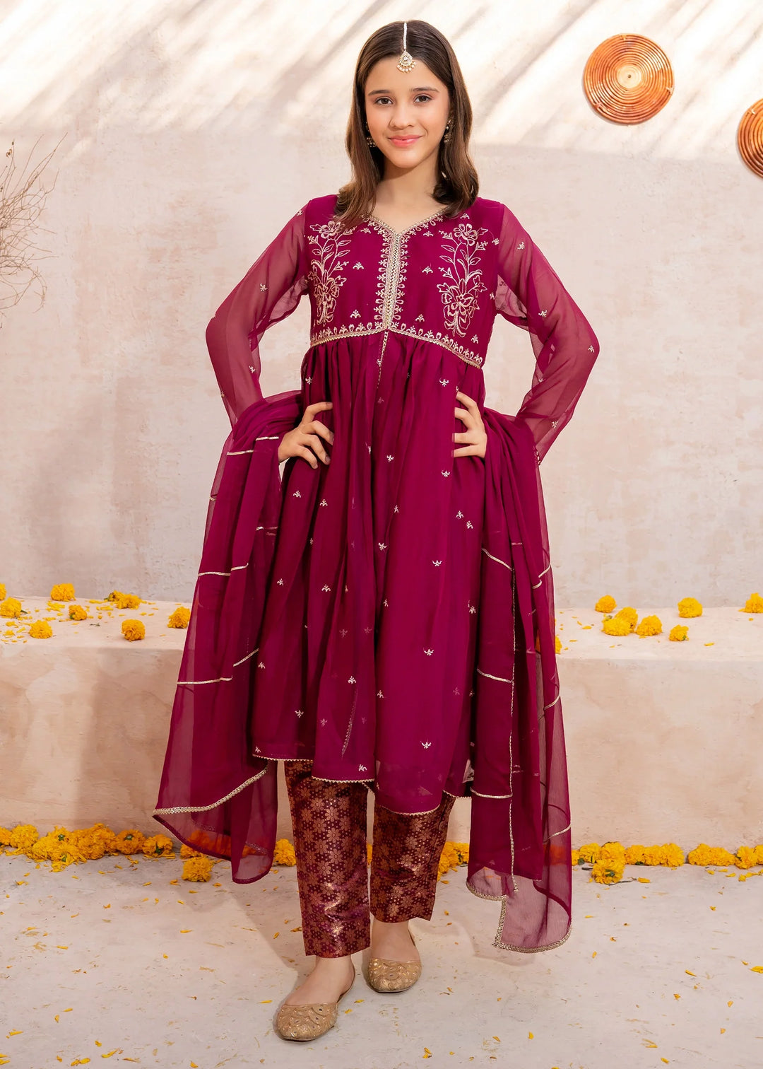 Modest - Crinkle Embroidered Suit For Girl - Maroon - 3 Piece