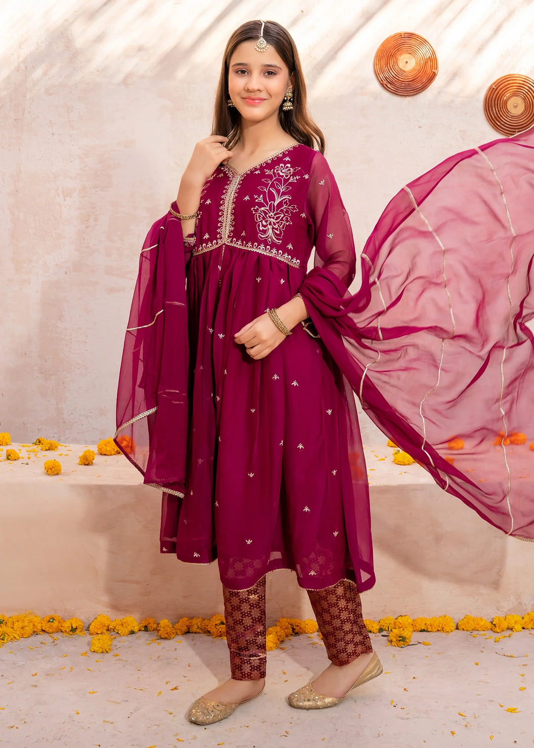 Modest - Crinkle Embroidered Suit For Girl - Maroon - 3 Piece
