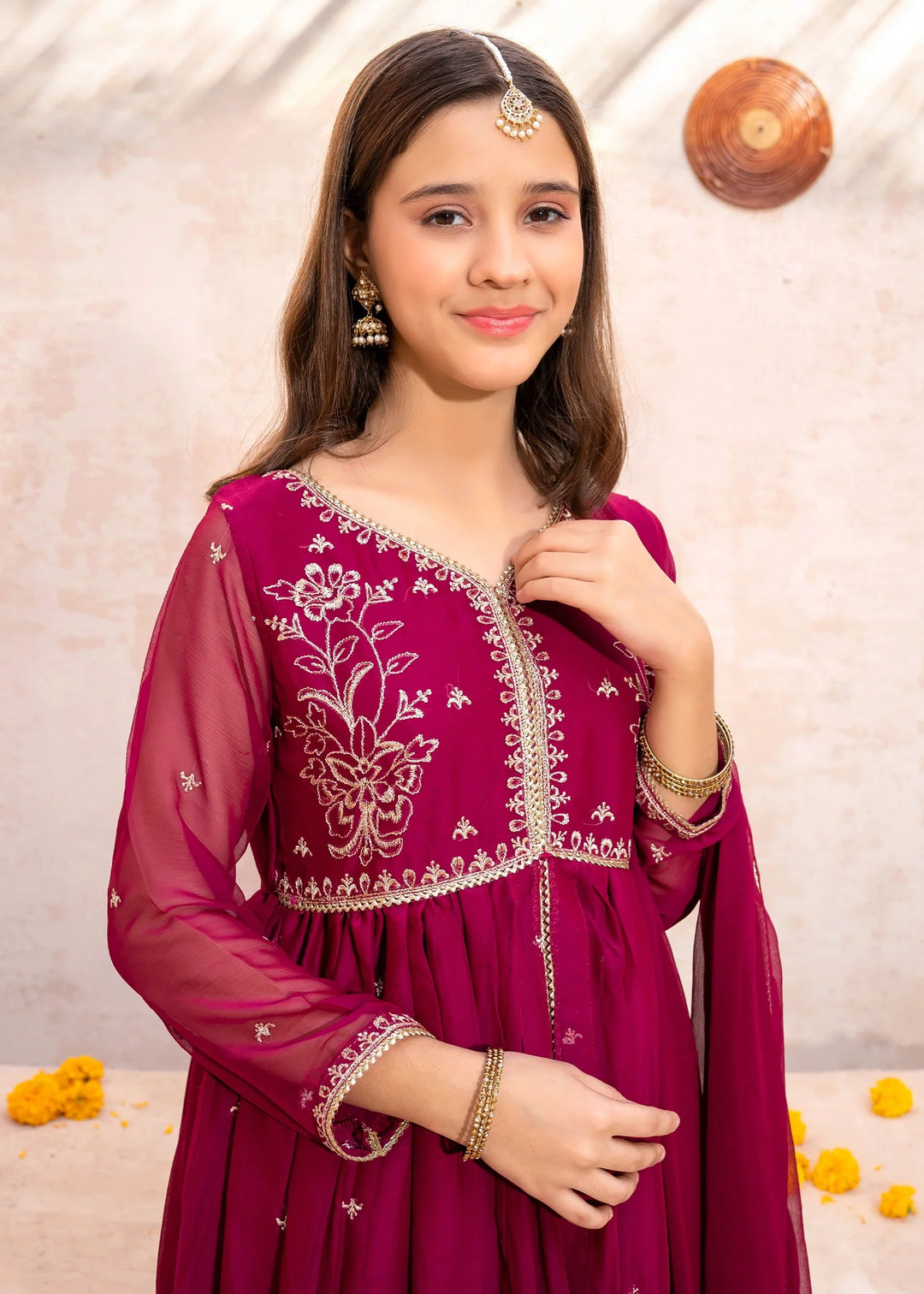 Modest - Crinkle Embroidered Suit For Girl - Maroon - 3 Piece