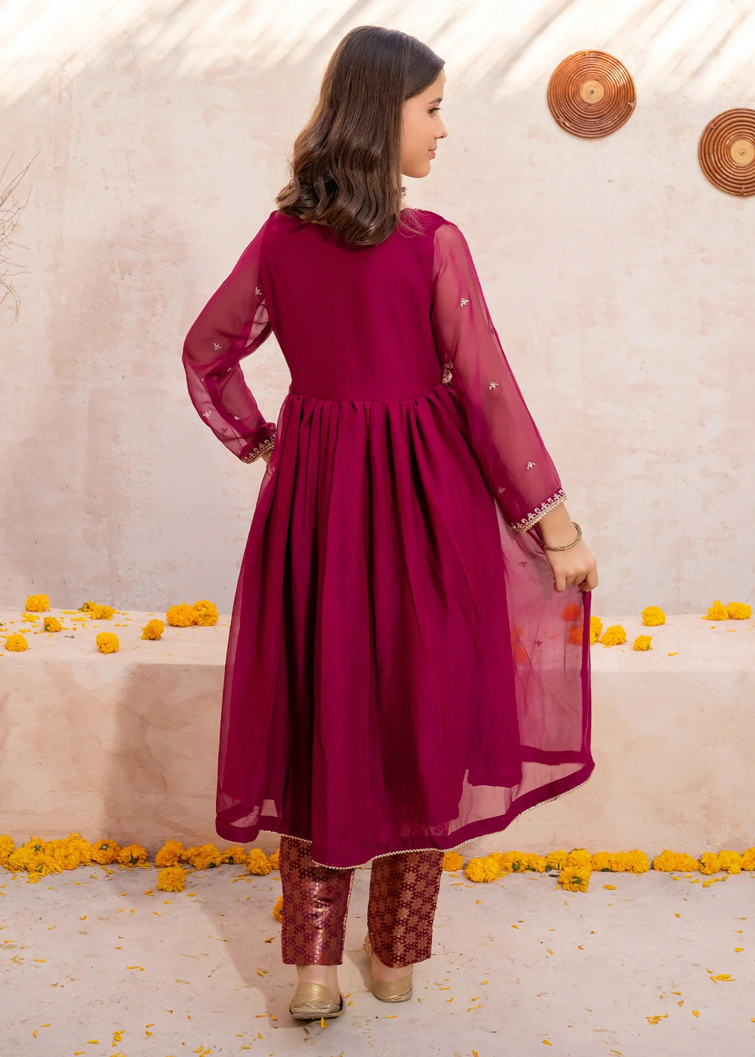 Modest - Crinkle Embroidered Suit For Girl - Maroon - 3 Piece