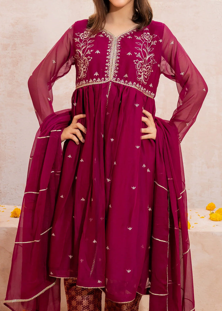 Modest - Crinkle Embroidered Suit For Girl - Maroon - 3 Piece