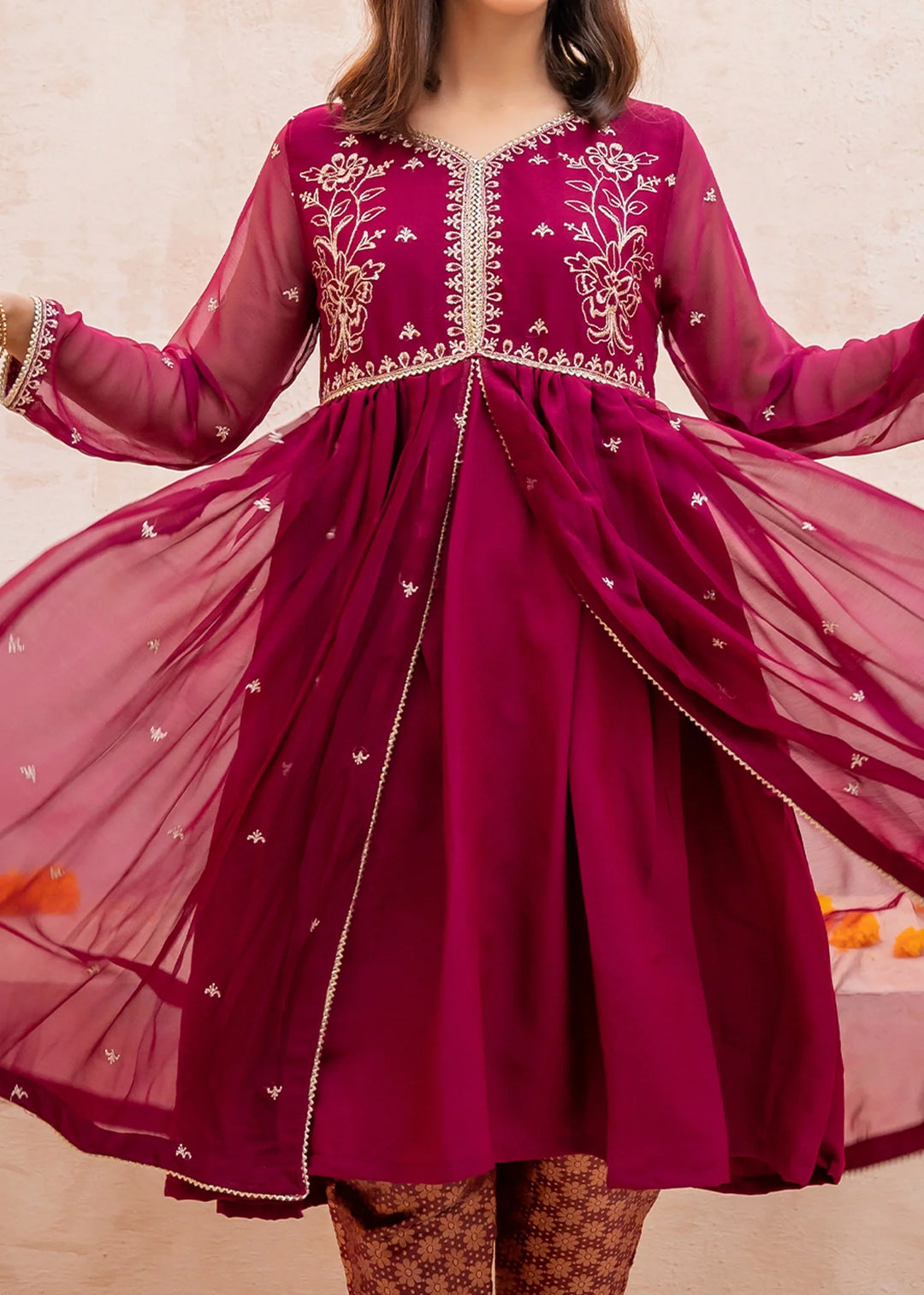 Modest - Crinkle Embroidered Suit For Girl - Maroon - 3 Piece