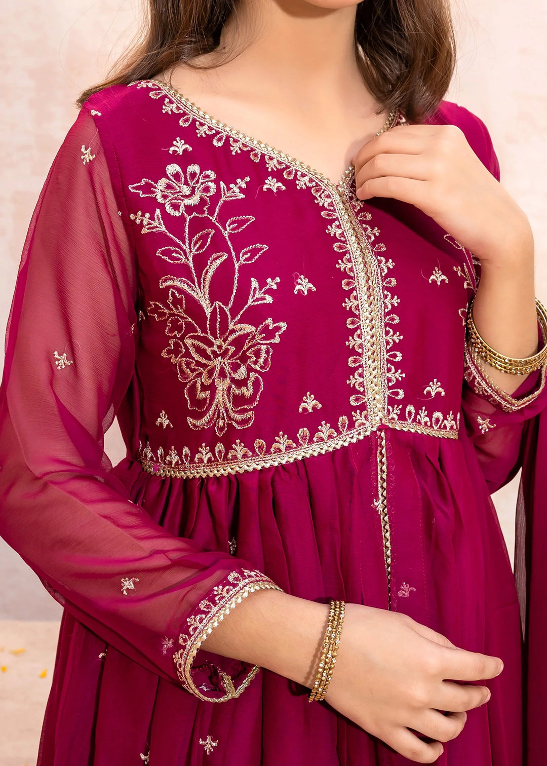 Modest - Crinkle Embroidered Suit For Girl - Maroon - 3 Piece