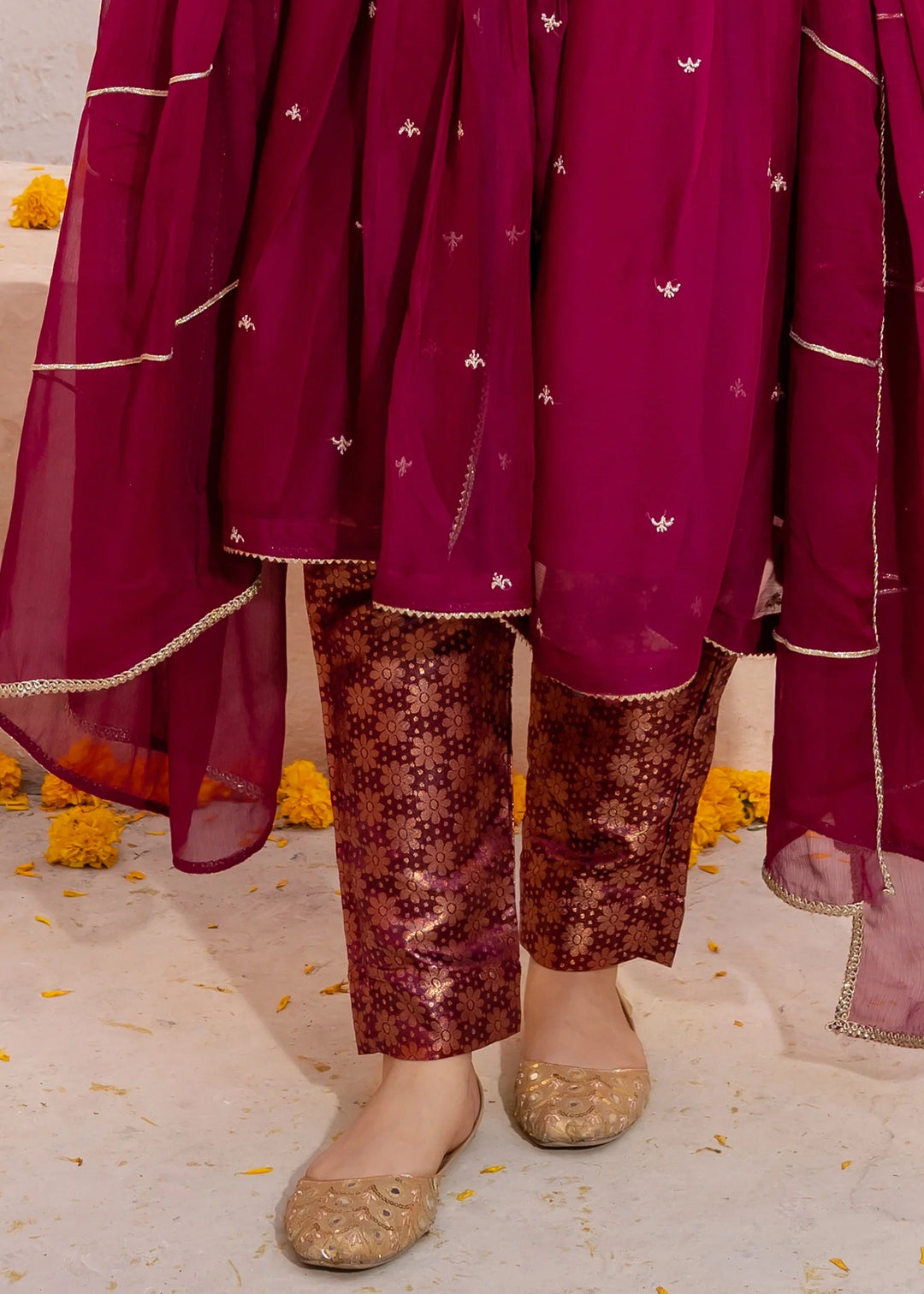 Modest - Crinkle Embroidered Suit For Girl - Maroon - 3 Piece