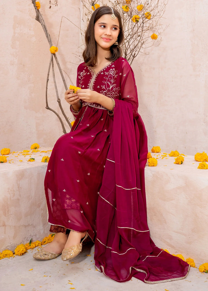 Modest - Crinkle Embroidered Suit For Girl - Maroon - 3 Piece