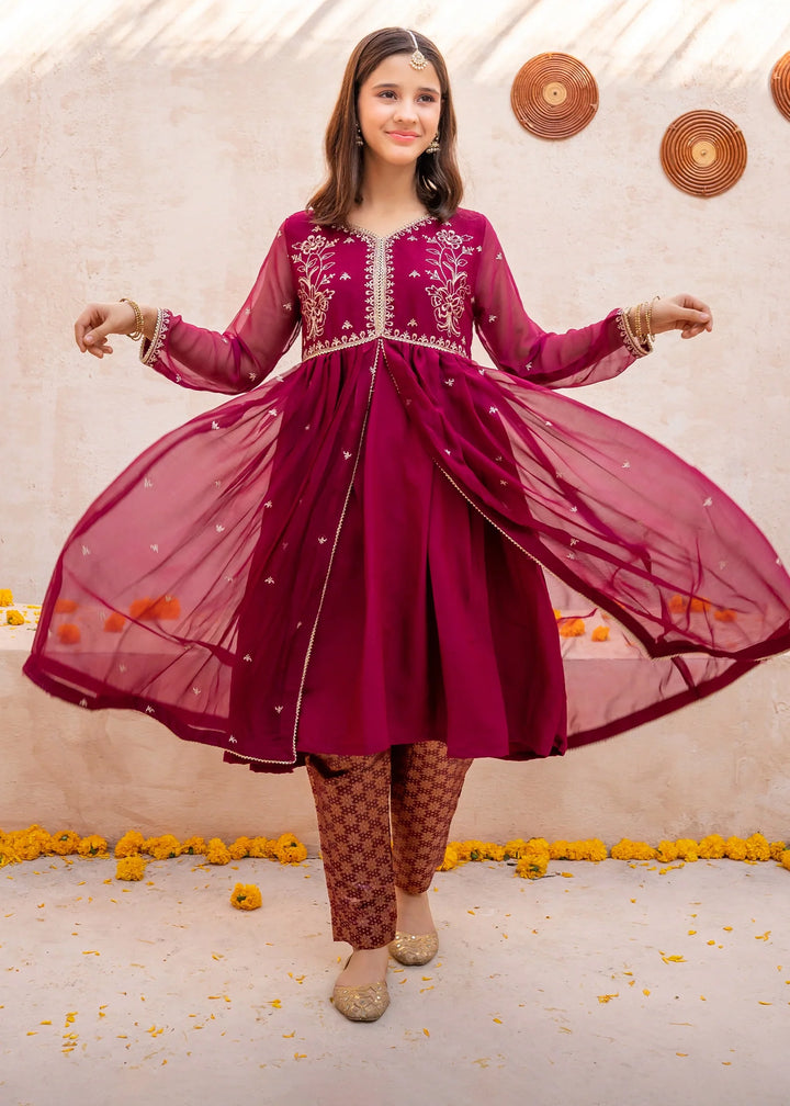 Modest - Crinkle Embroidered Suit For Girl - Maroon - 3 Piece