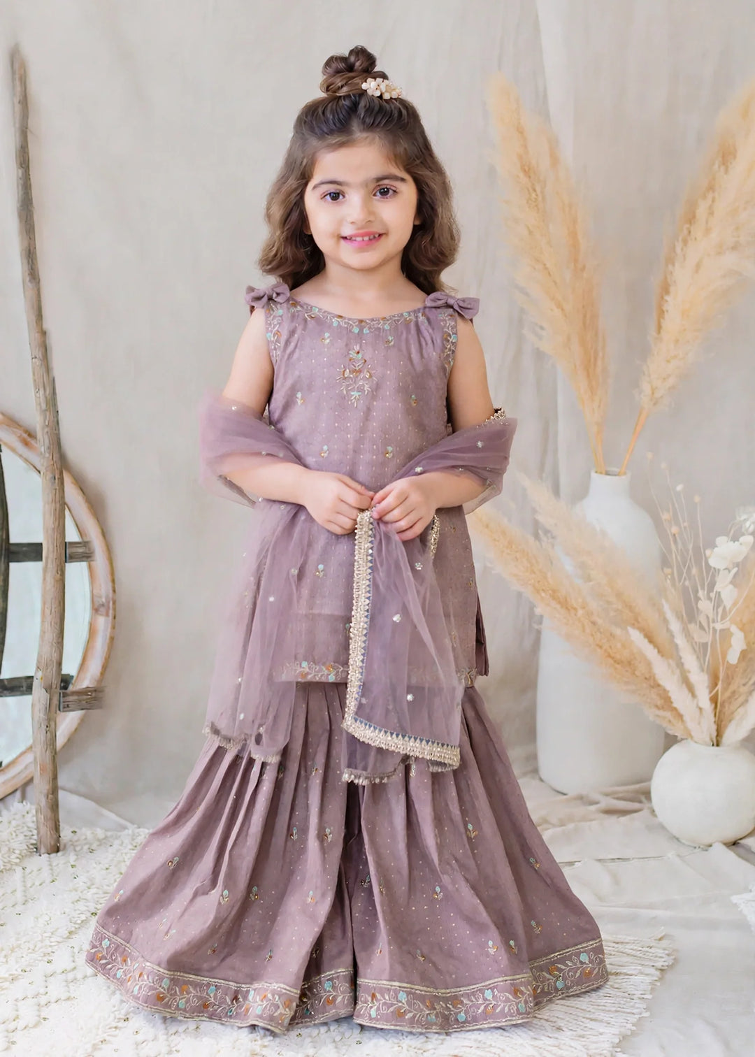 Modest Embroidered Cotton Lawn Sharara Lilac 3 Piece