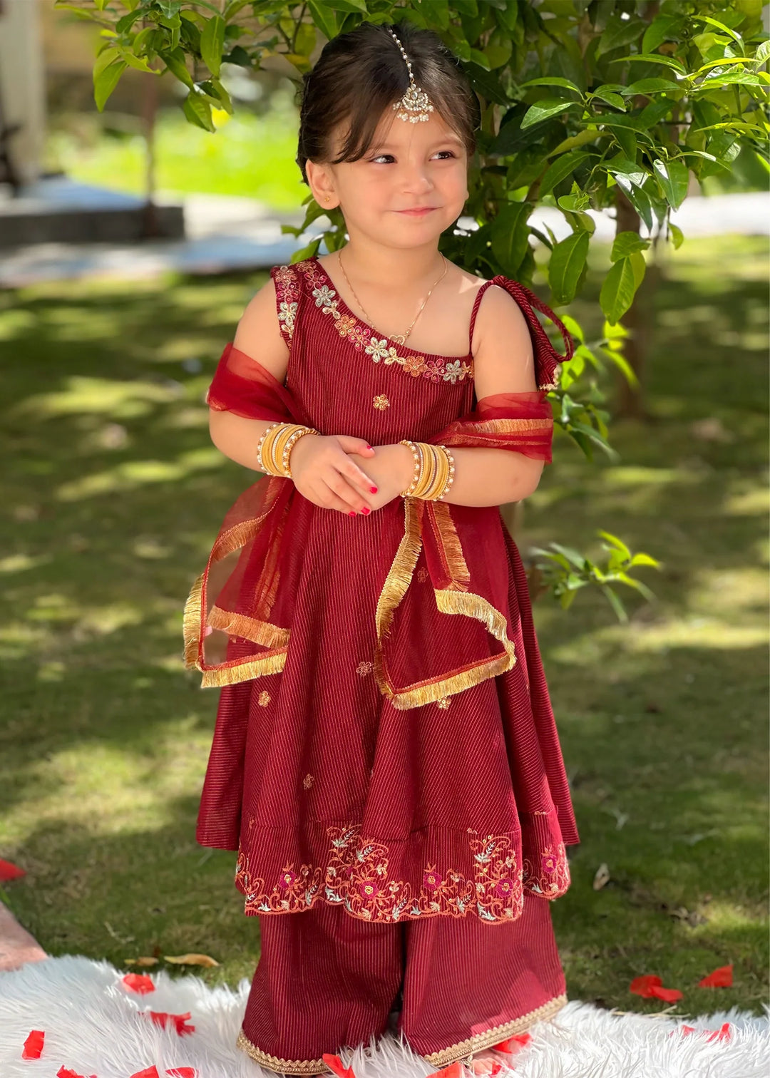 Modest - Maysuri Embroidered Frock For Girl - Red - 3 Piece