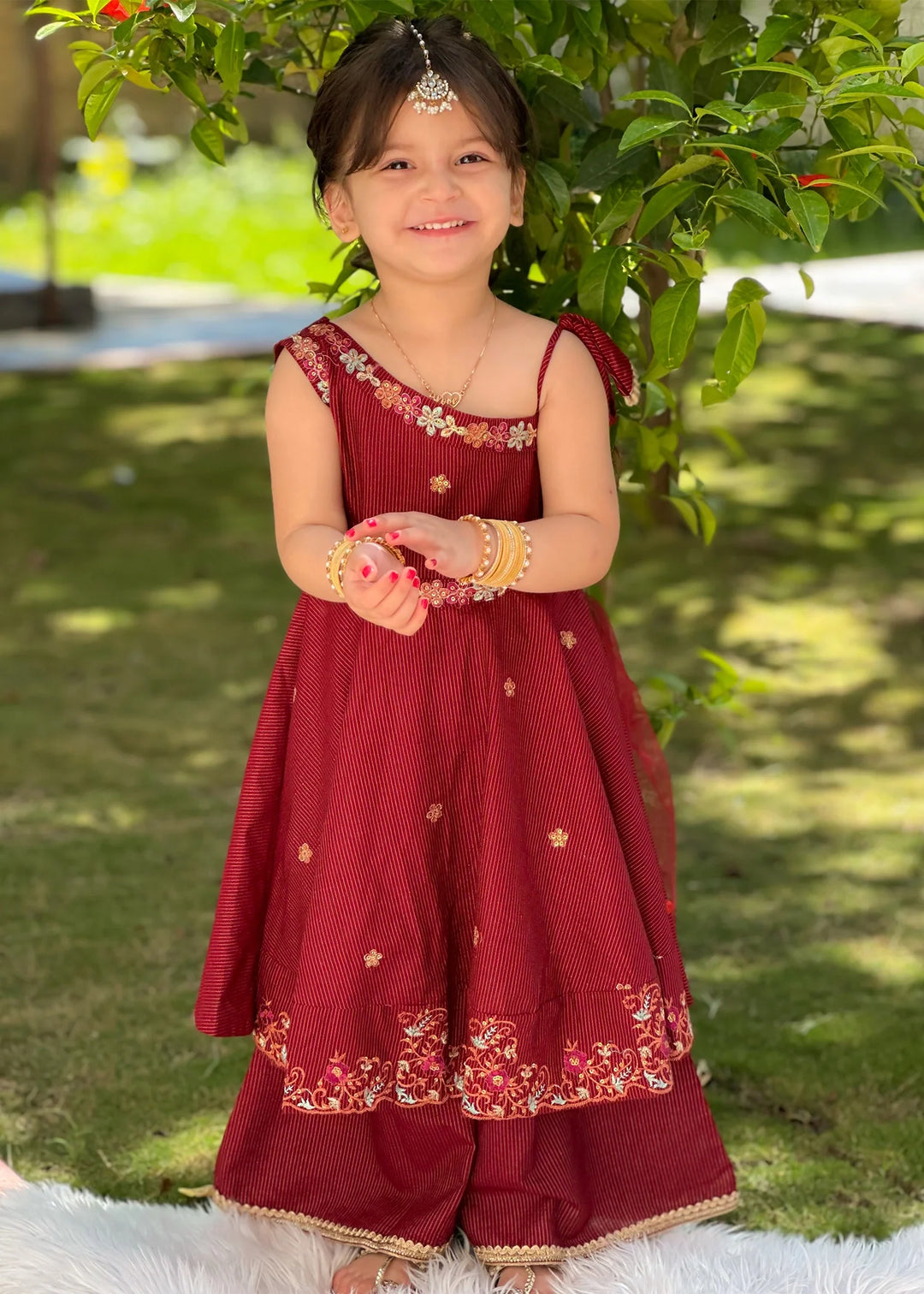 Modest - Maysuri Embroidered Frock For Girl - Red - 3 Piece