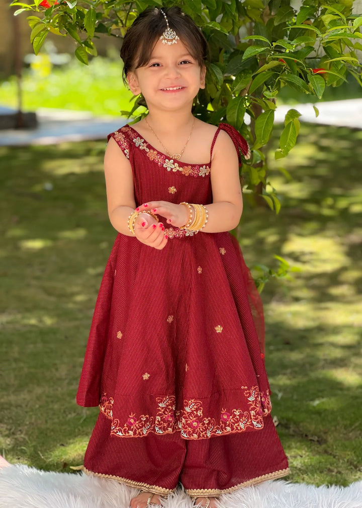 Modest - Maysuri Embroidered Frock For Girl - Red - 3 Piece