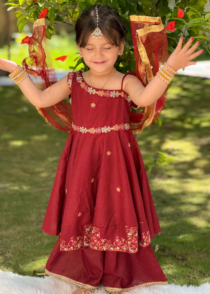 Modest - Maysuri Embroidered Frock For Girl - Red - 3 Piece