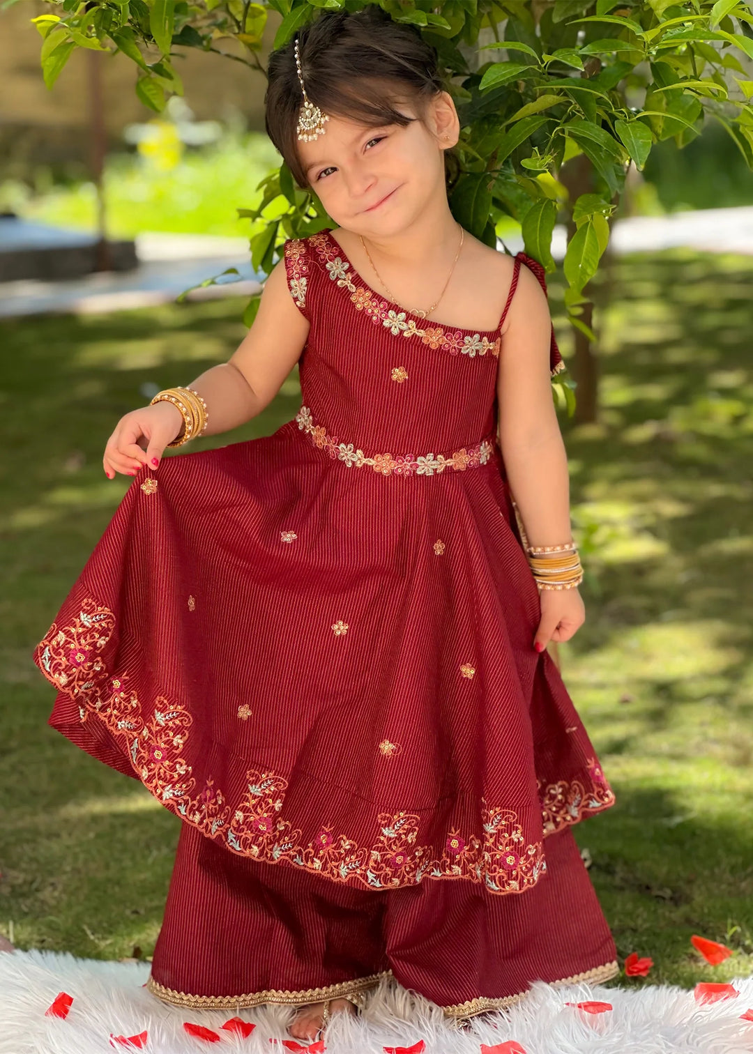 Modest - Maysuri Embroidered Frock For Girl - Red - 3 Piece