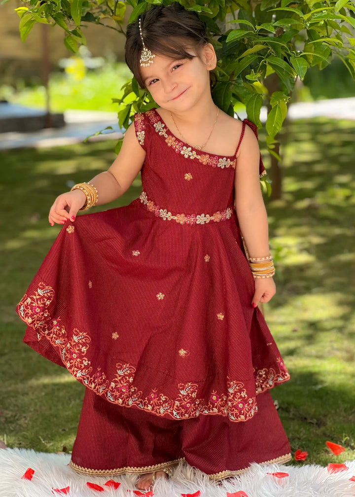 Modest - Maysuri Embroidered Frock For Girl - Red - 3 Piece