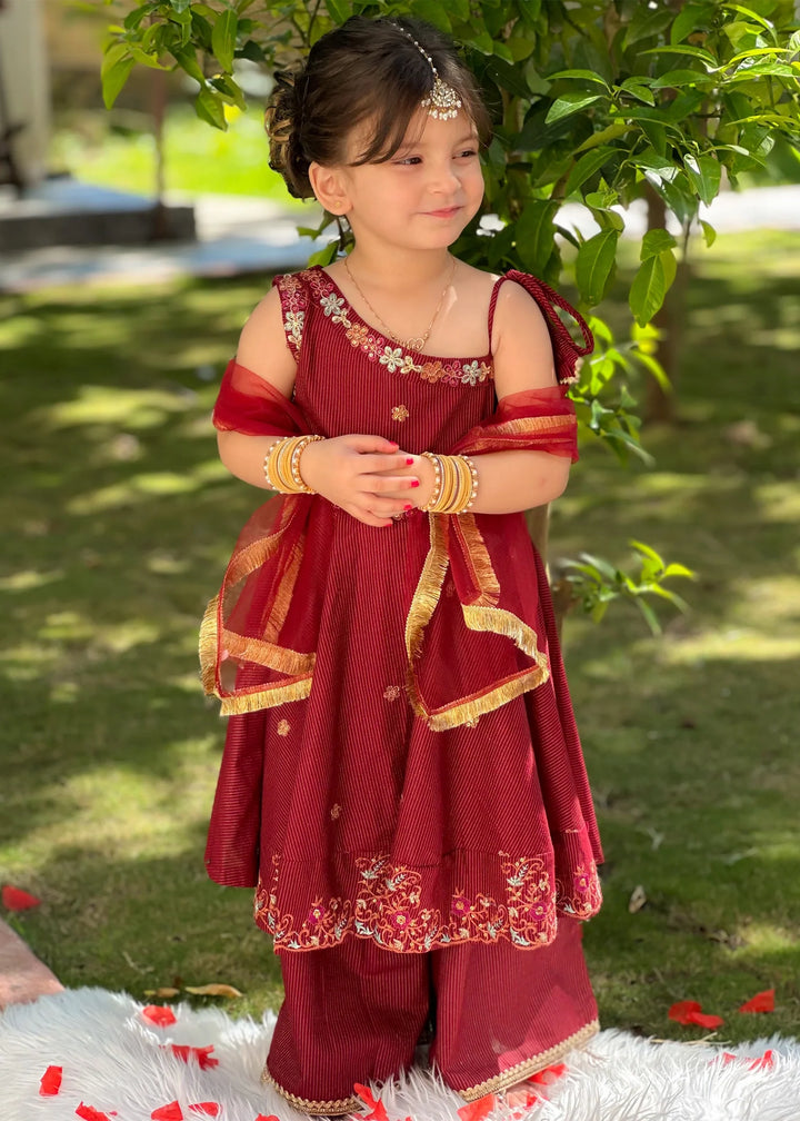 Modest - Maysuri Embroidered Frock For Girl - Red - 3 Piece