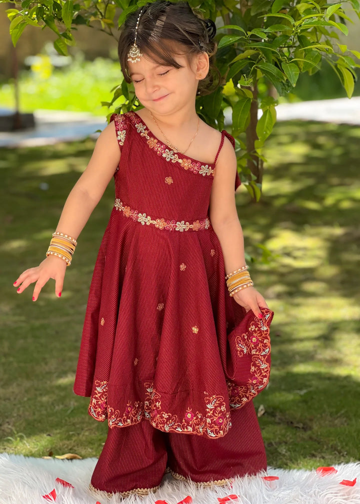 Modest - Maysuri Embroidered Frock For Girl - Red - 3 Piece