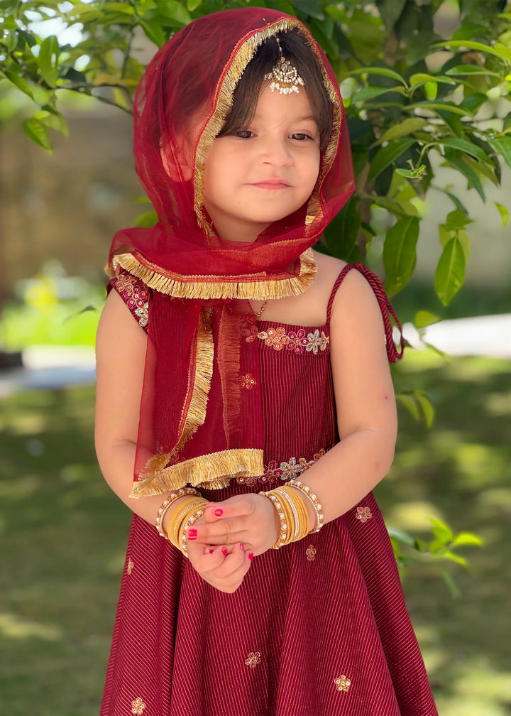 Modest - Maysuri Embroidered Frock For Girl - Red - 3 Piece