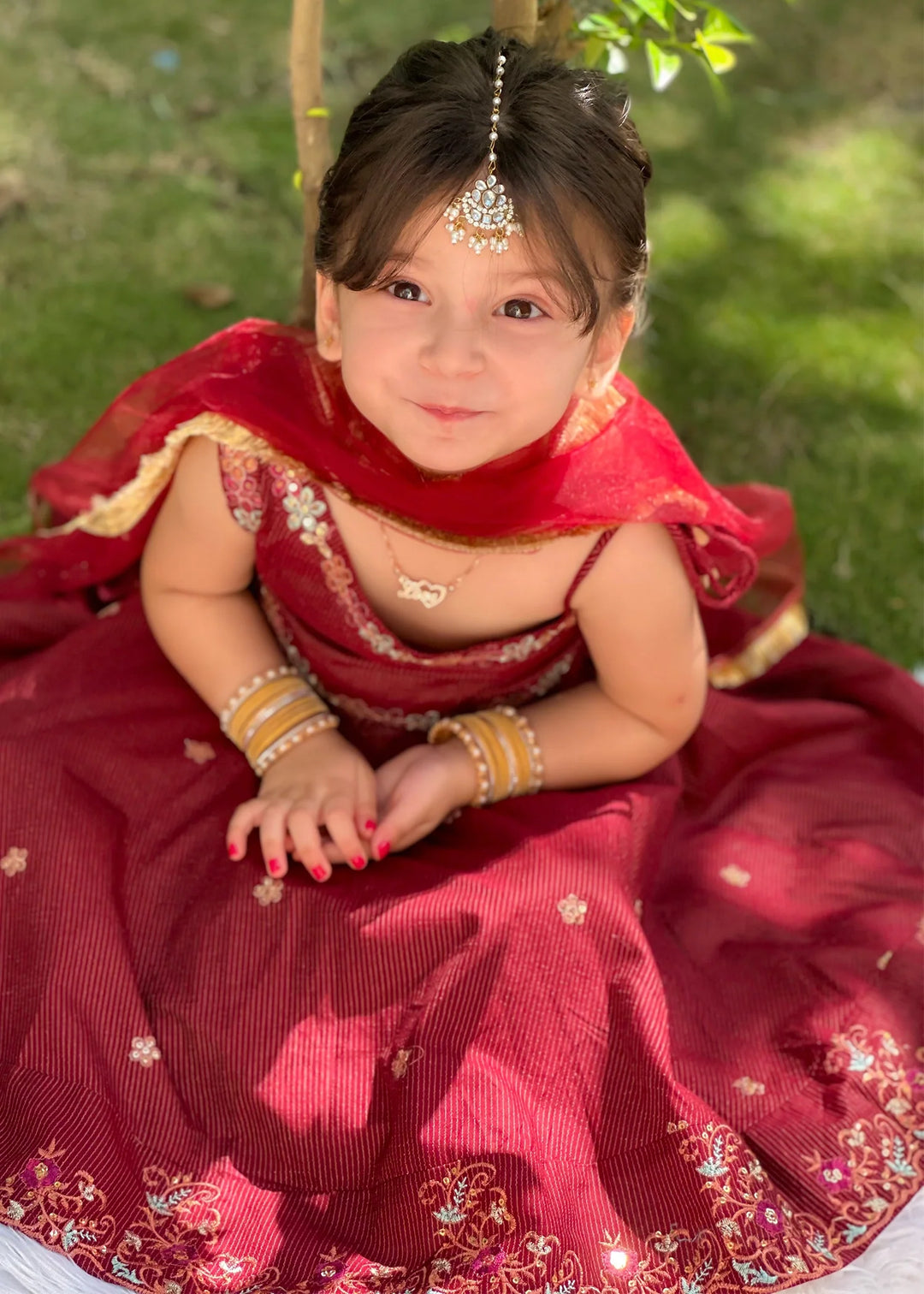 Modest - Maysuri Embroidered Frock For Girl - Red - 3 Piece