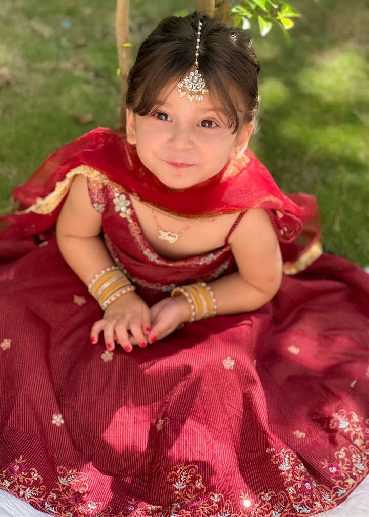 Modest - Maysuri Embroidered Frock For Girl - Red - 3 Piece