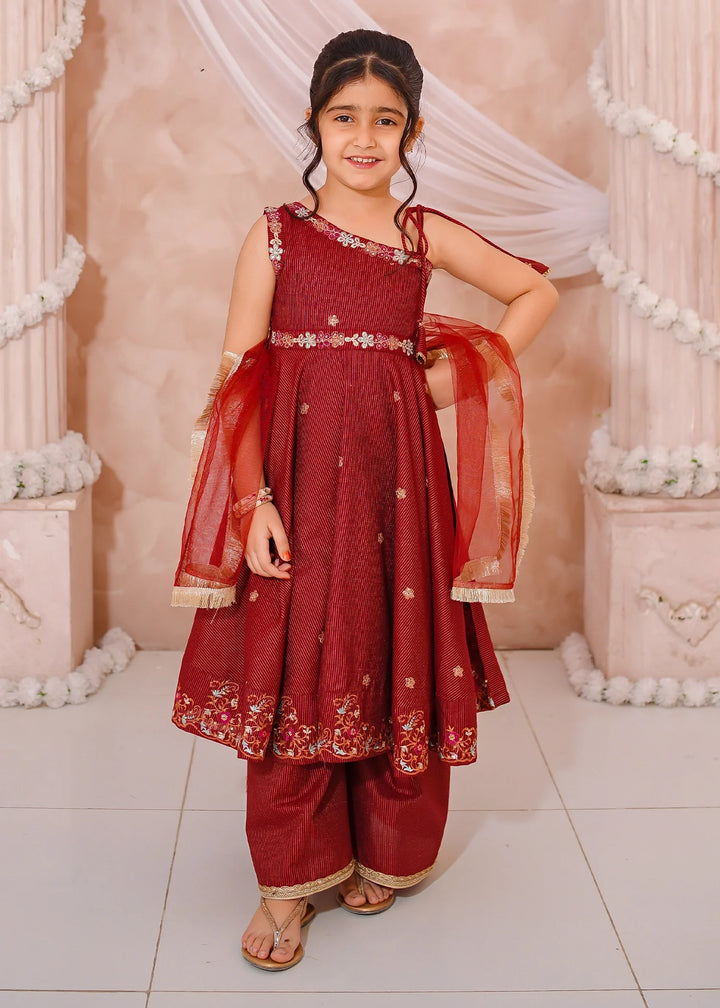 Modest - Maysuri Embroidered Frock For Girl - Red - 3 Piece