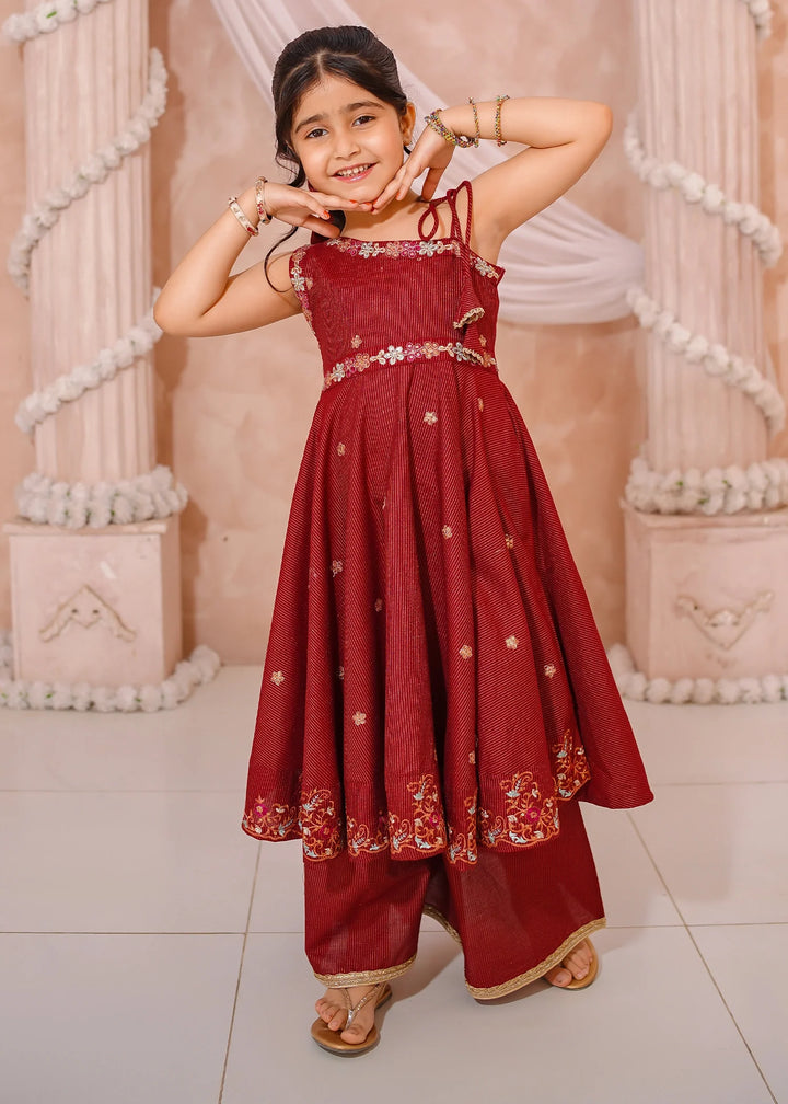 Modest - Maysuri Embroidered Frock For Girl - Red - 3 Piece