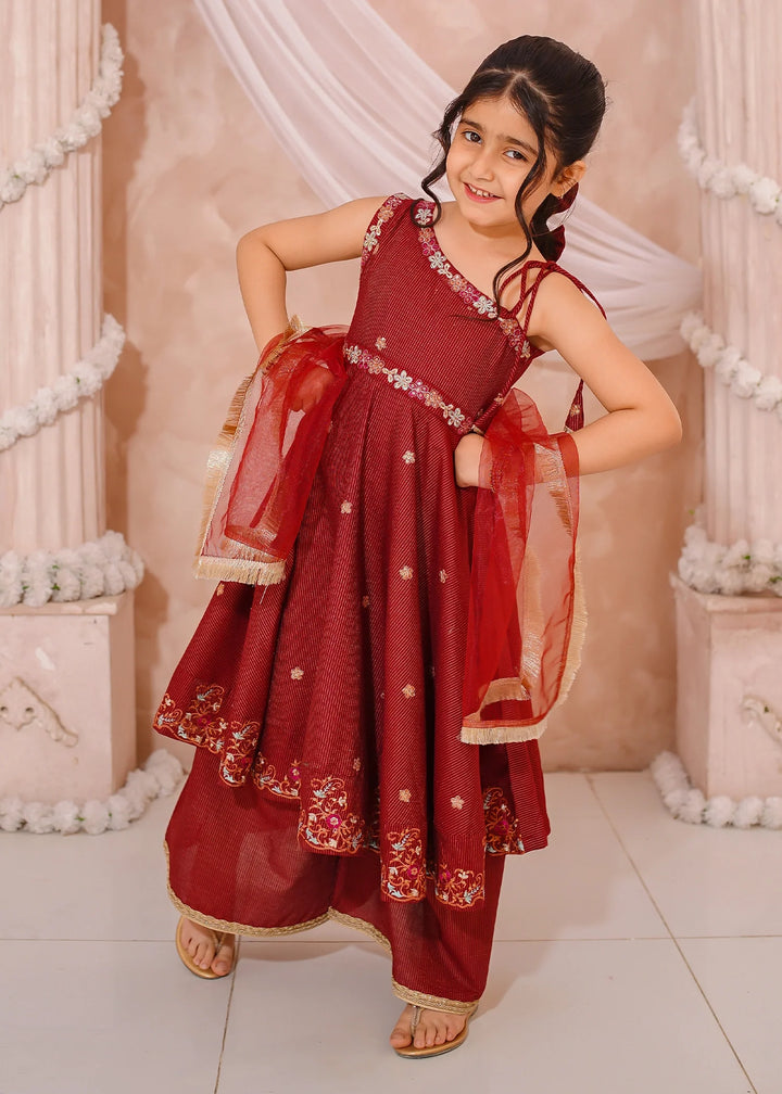 Modest - Maysuri Embroidered Frock For Girl - Red - 3 Piece