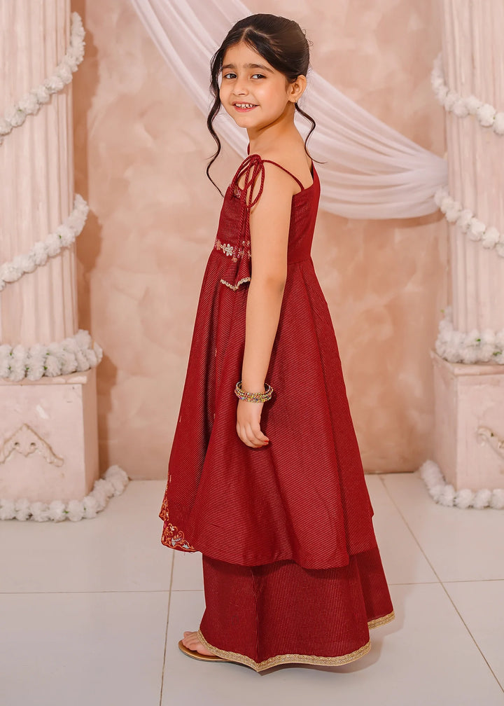 Modest - Maysuri Embroidered Frock For Girl - Red - 3 Piece