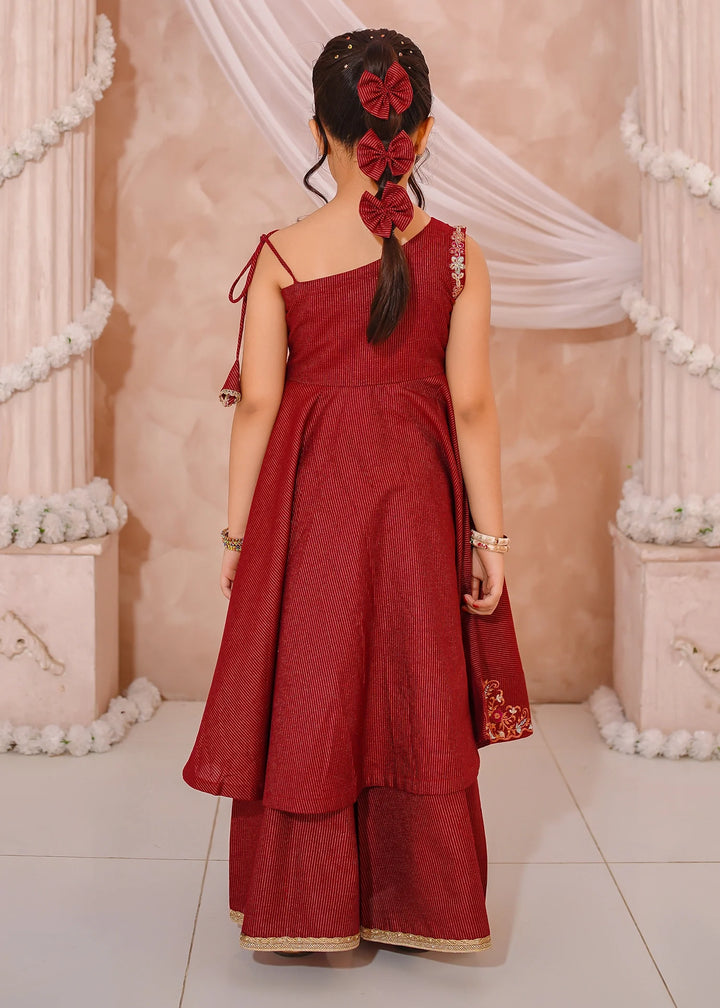 Modest - Maysuri Embroidered Frock For Girl - Red - 3 Piece