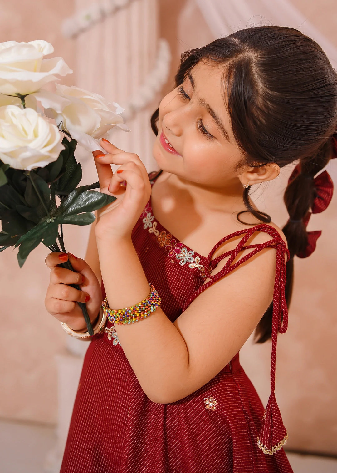 Modest - Maysuri Embroidered Frock For Girl - Red - 3 Piece