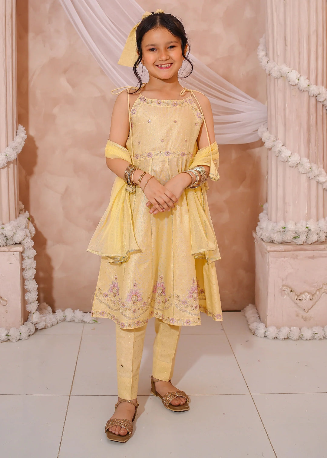Modest - Maysuri Embroidered Frock For Girl - Yellow - 3 Piece