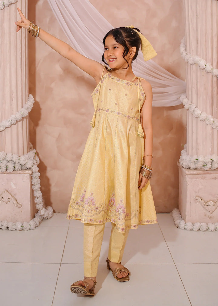 Modest - Maysuri Embroidered Frock For Girl - Yellow - 3 Piece