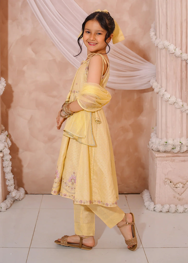 Modest - Maysuri Embroidered Frock For Girl - Yellow - 3 Piece