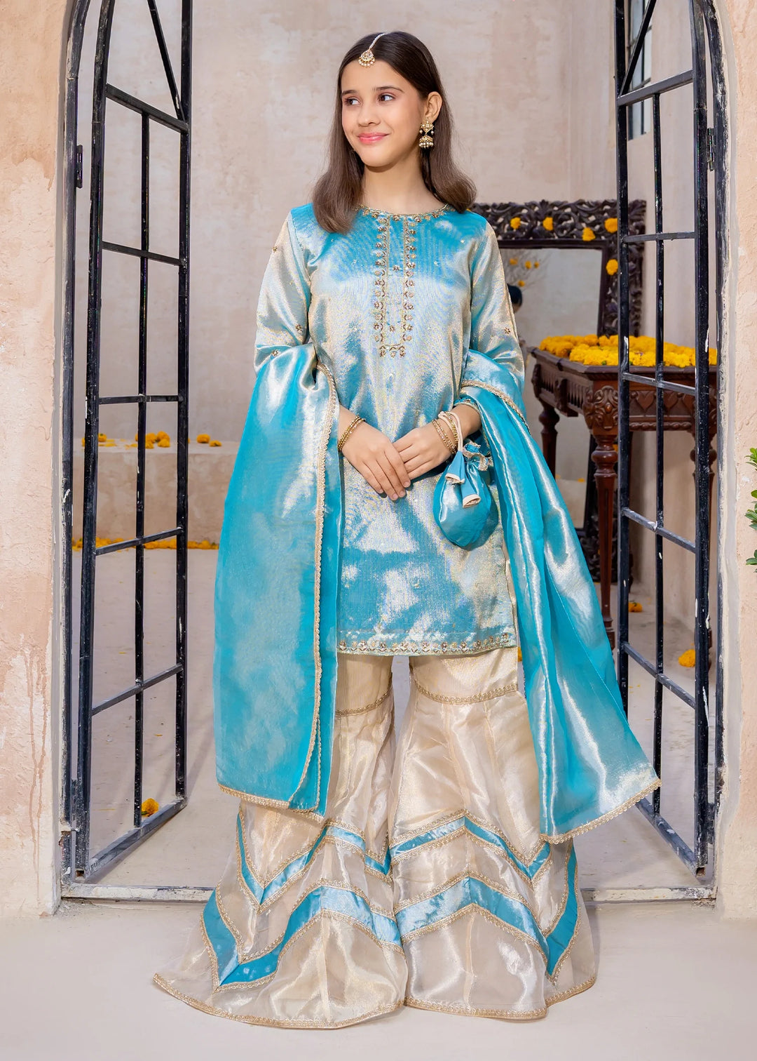 Modest - Maysuri Embroidered Gharara For Girl - Blue - 3 Piece