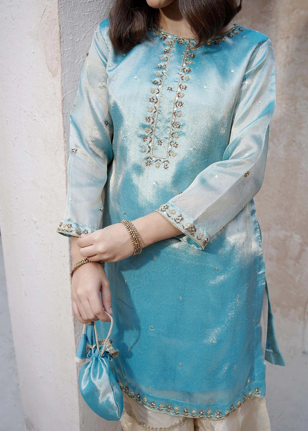 Modest - Maysuri Embroidered Gharara For Girl - Blue - 3 Piece