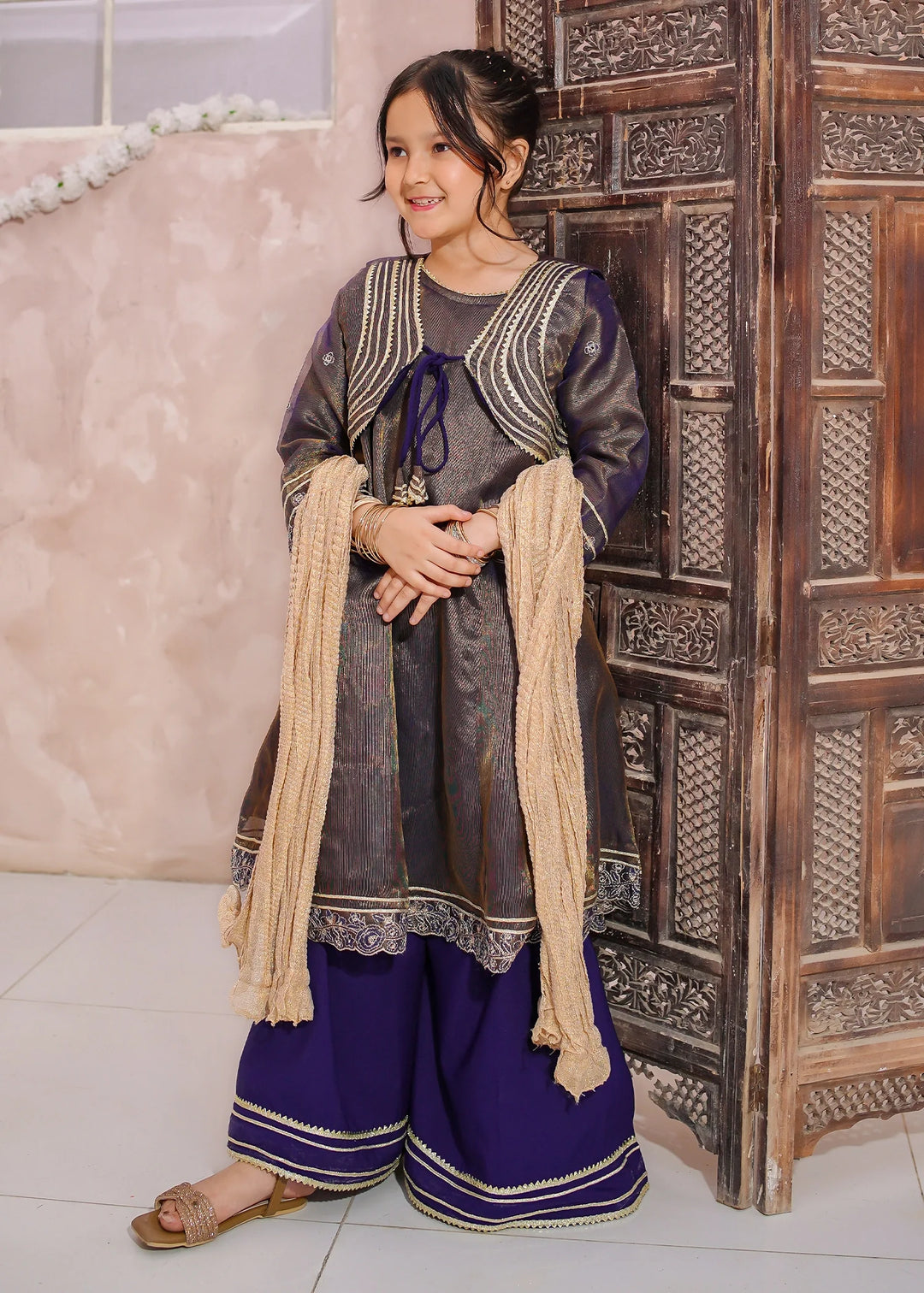 Modest - Maysuri Embroidered Gharara For Girl - Royal Blue - 3 Piece
