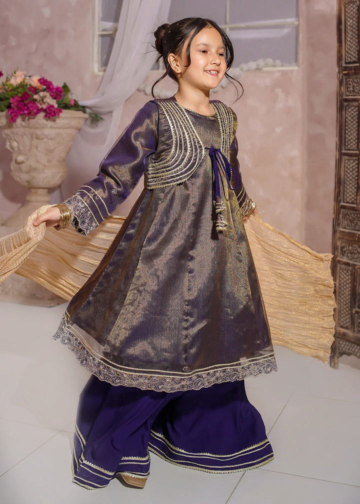 Modest - Maysuri Embroidered Gharara For Girl - Royal Blue - 3 Piece