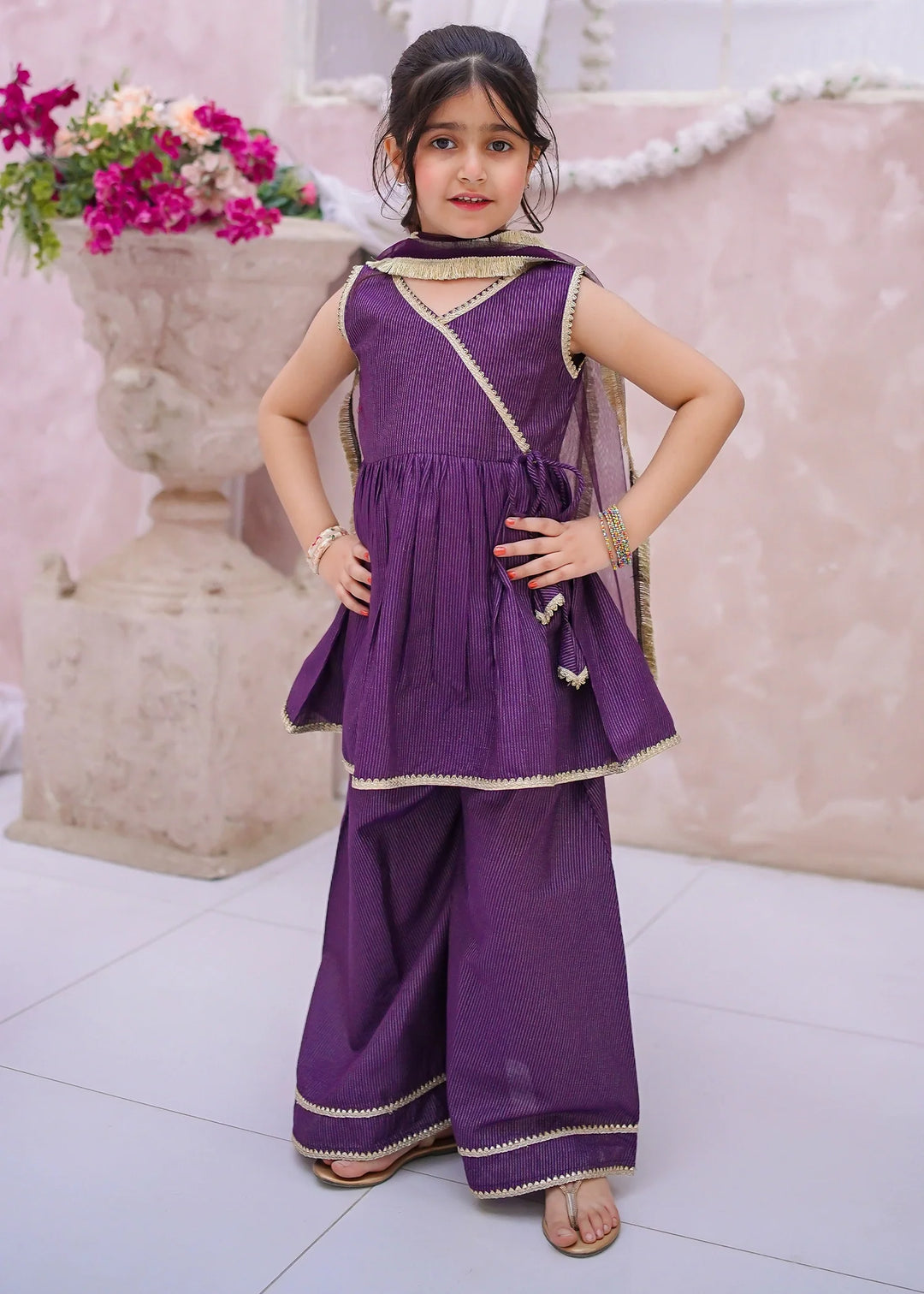Modest - Maysuri Embroidered Sharara For Girl - Purple - 3 Piece