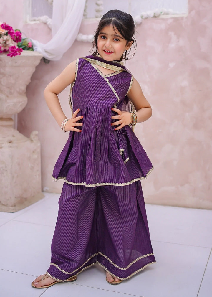 Modest - Maysuri Embroidered Sharara For Girl - Purple - 3 Piece