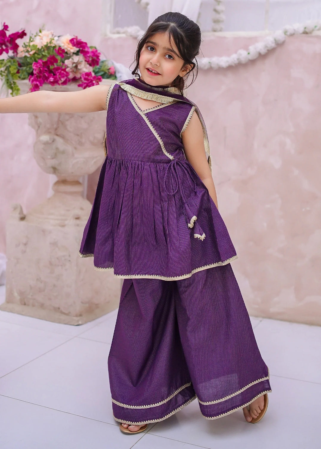 Modest - Maysuri Embroidered Sharara For Girl - Purple - 3 Piece
