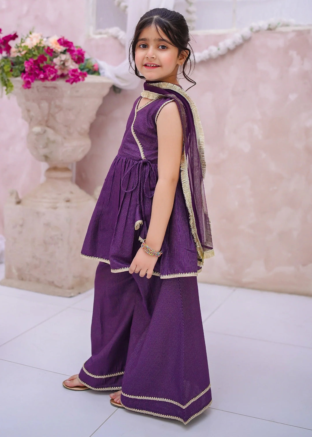 Modest - Maysuri Embroidered Sharara For Girl - Purple - 3 Piece